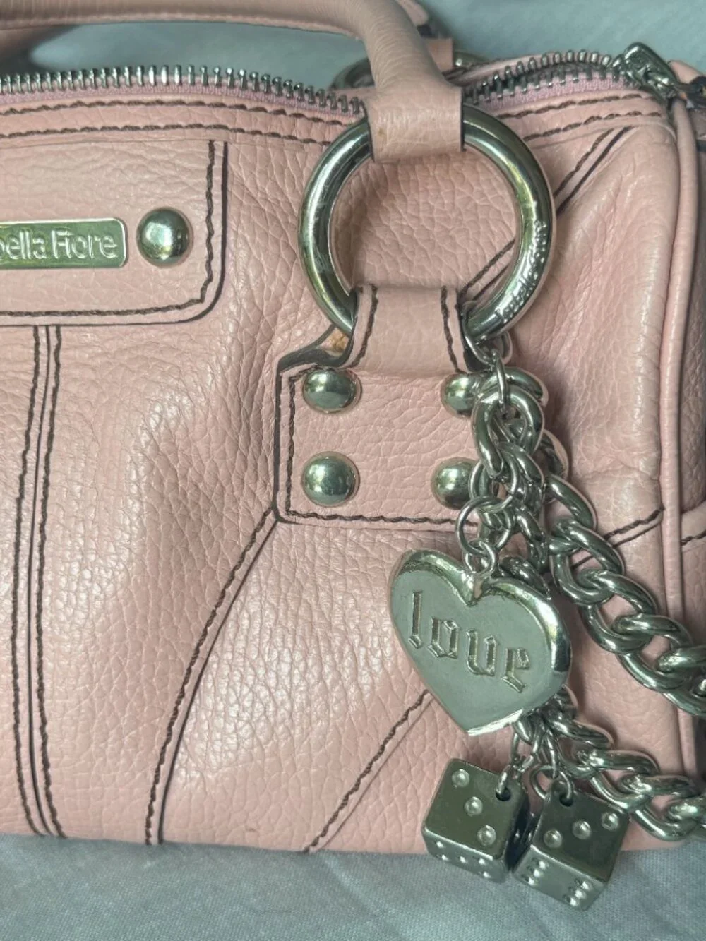 Isabella Fiore Pink Leather Satchel Y2K Chunky Chain Charm Bag 2000s Coquette